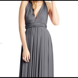 Bridesmaid’s dress gray charcoal wrap ball gown